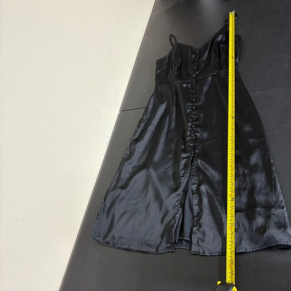 Abercrombie Fitch Black Satin Button Front Midi Slip Dress Size L Smocked Back